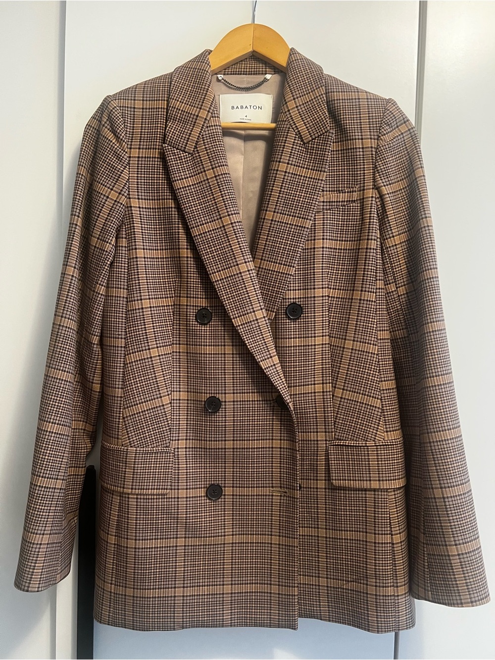 Babaton Tan and Brown Plaid Double-Breasted Blazer